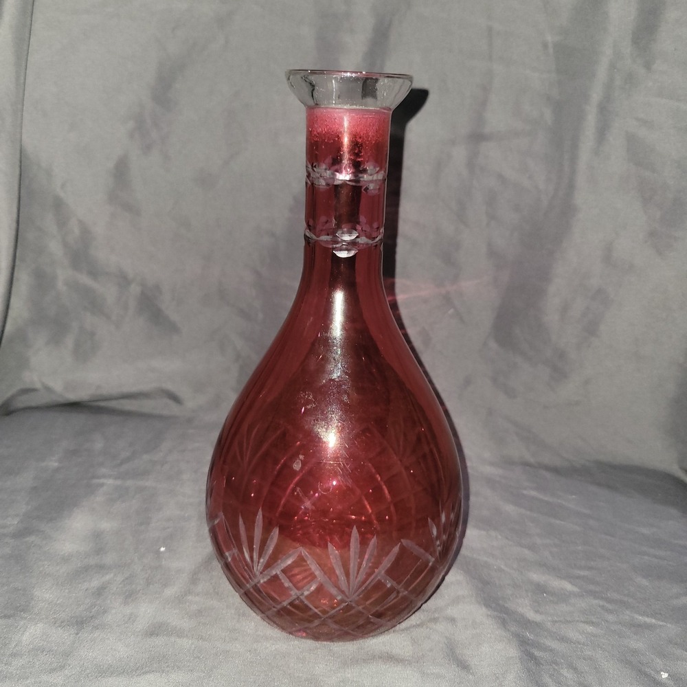 VINTAGE CRANBERRY Glass CUT TO CLEAR DECANTER Bohemian No Stopper